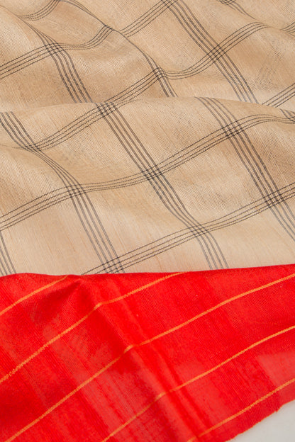 Tussar Plain Checks Beige Saree