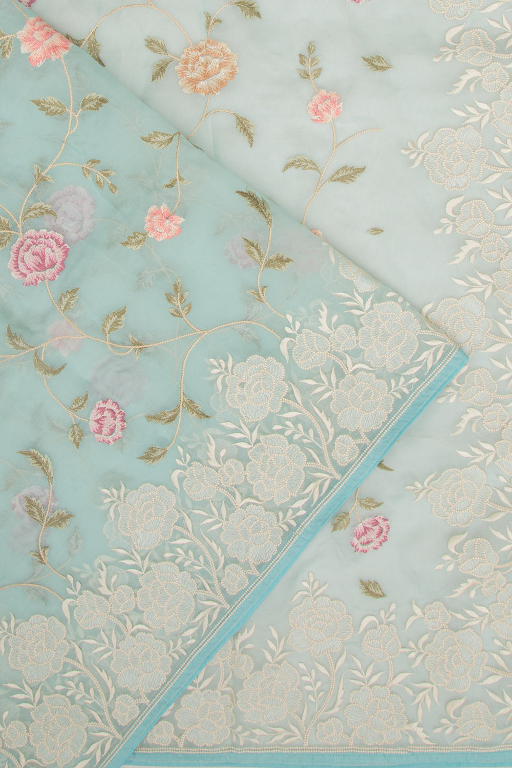 Organza Floral Embroidery Pastel Blue Saree