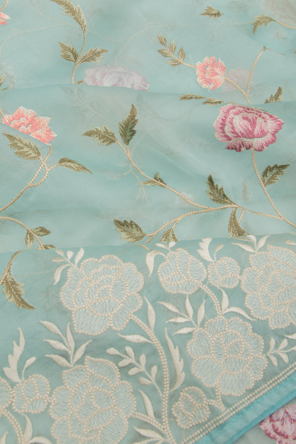 Organza Floral Embroidery Pastel Blue Saree
