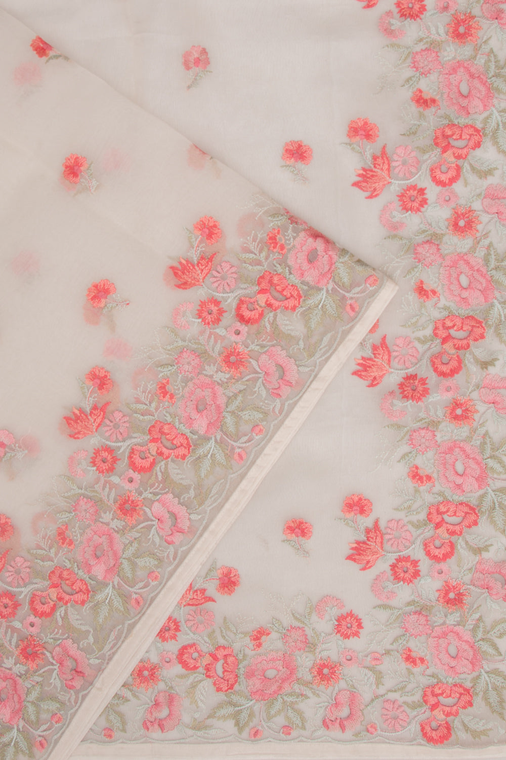 Organza Floral Embroidery Off-White Saree