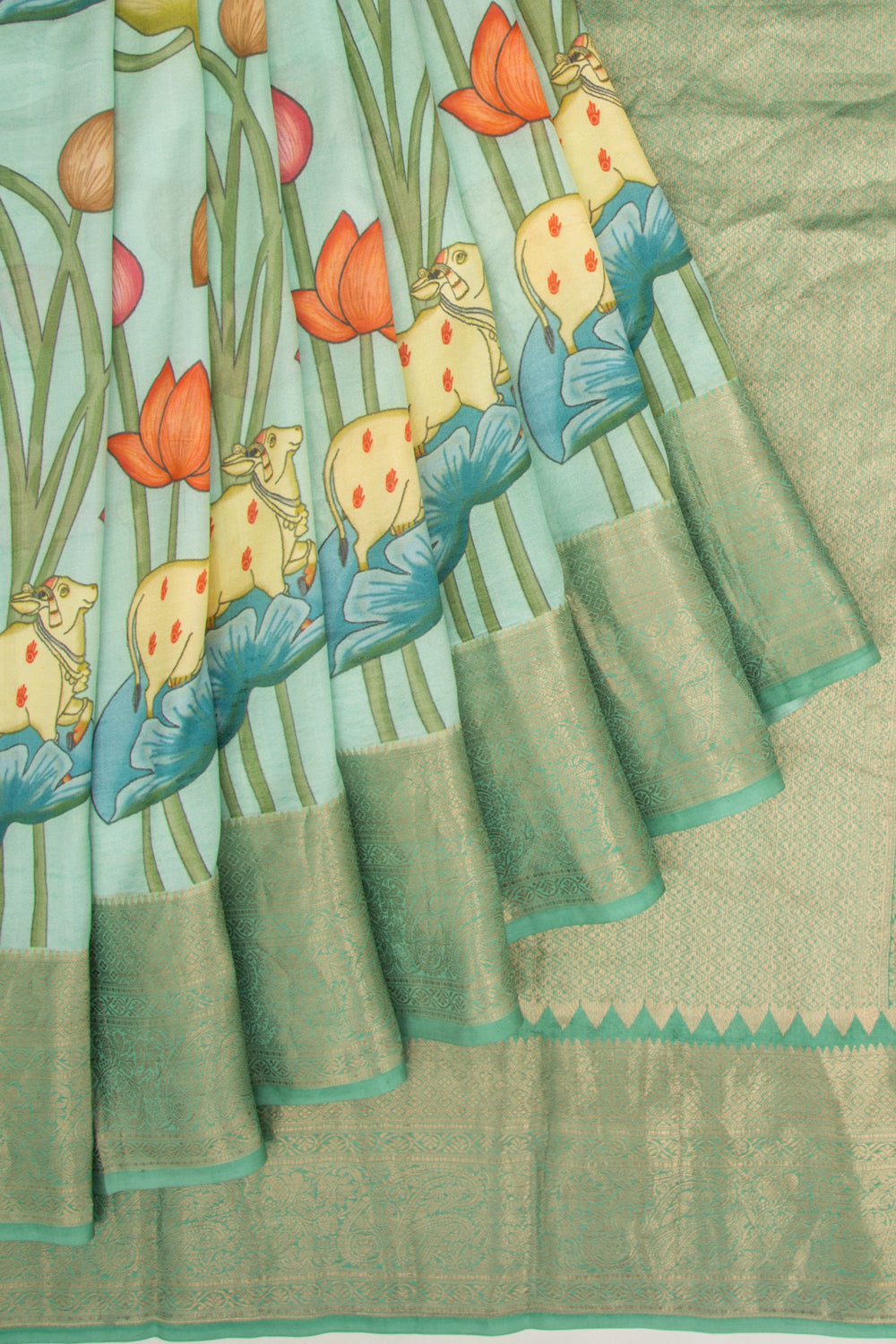 Soft Tussar Pichwai Printed Pastel Green Saree
