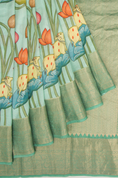 Soft Tussar Pichwai Printed Pastel Green Saree