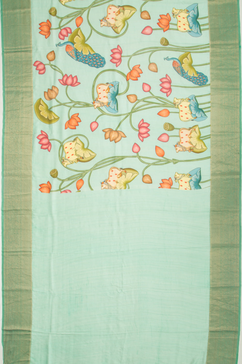 Soft Tussar Pichwai Printed Pastel Green Saree
