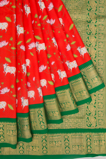 Kanchipuram Silk Jacquard And Printed Red Saree