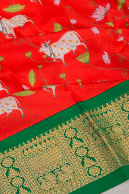 Kanchipuram Silk Jacquard And Printed Red Saree