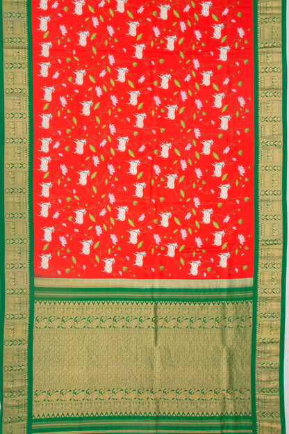Kanchipuram Silk Jacquard And Printed Red Saree