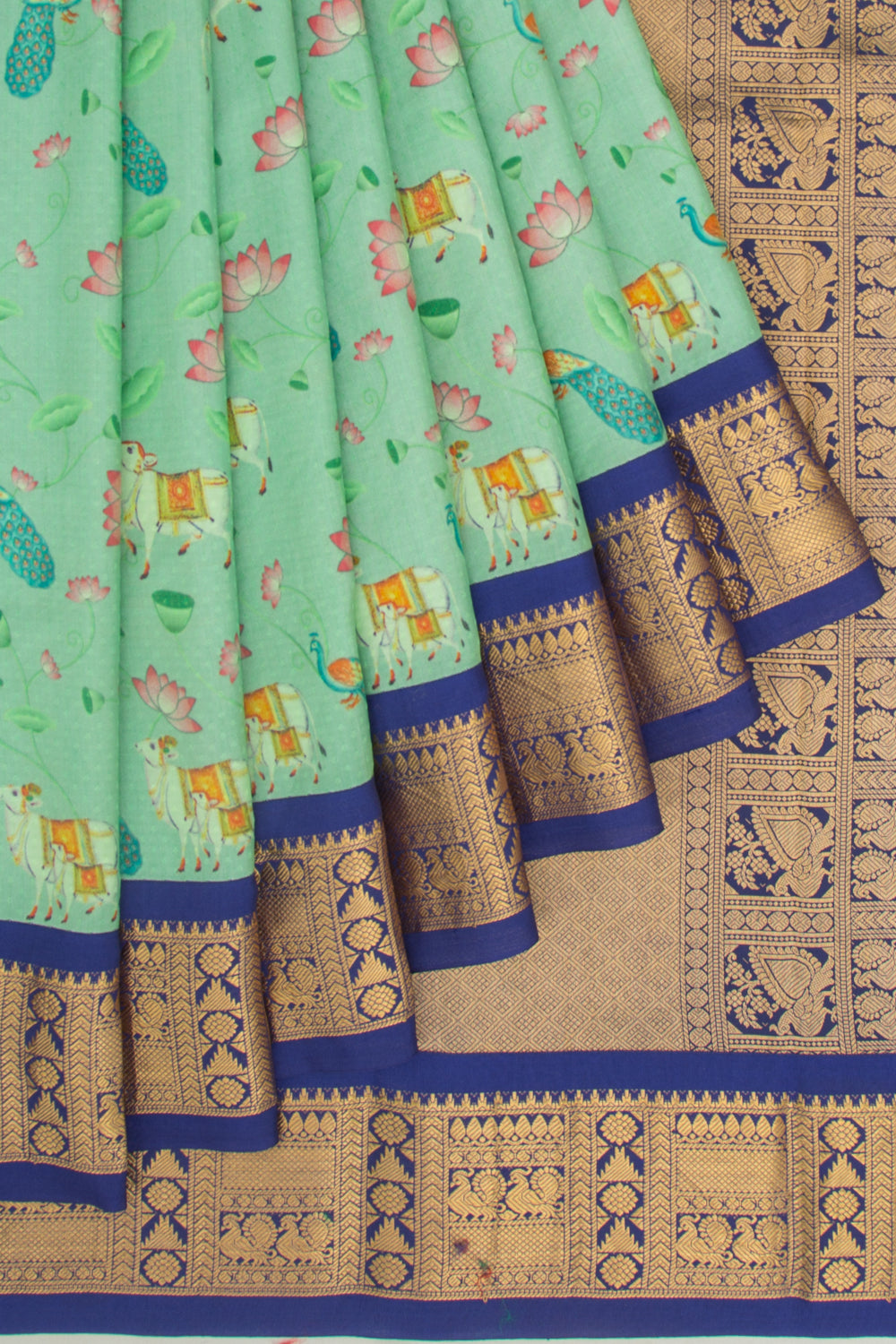 Kanchipuram Silk Jacquard And Printed Sea Green Saree