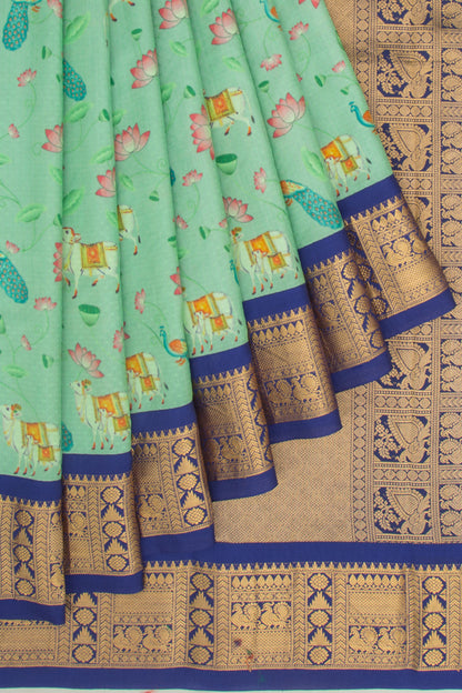 Kanchipuram Silk Jacquard And Printed Sea Green Saree