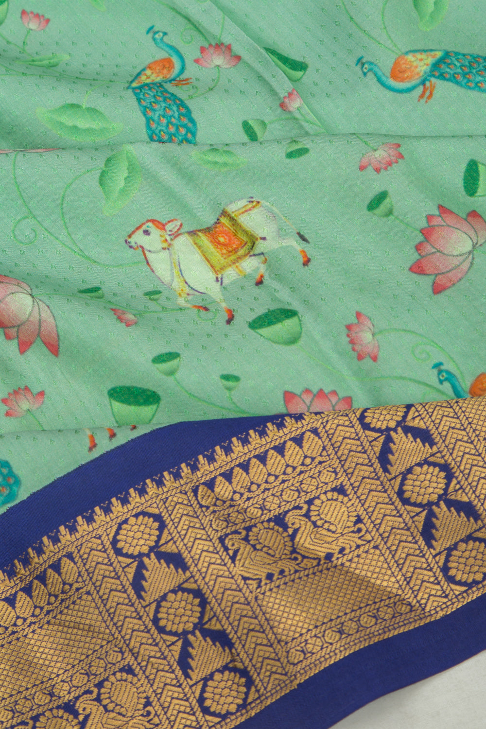 Kanchipuram Silk Jacquard And Printed Sea Green Saree