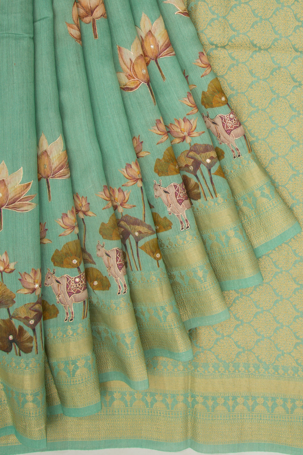 Soft Silk Floral And Pichwai Printed Sea Green Saree