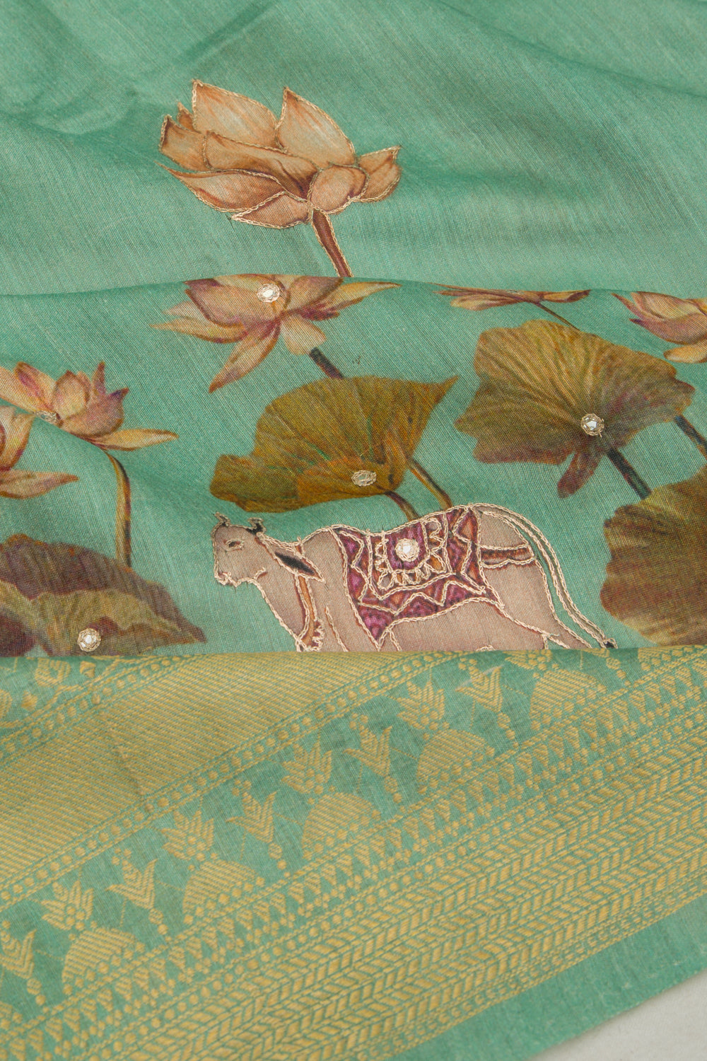 Soft Silk Floral And Pichwai Printed Sea Green Saree