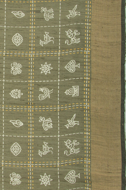 Soft Tussar Printed Mehendi Green Saree