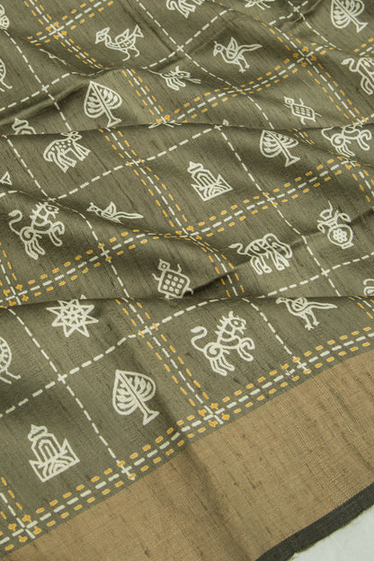 Soft Tussar Printed Mehendi Green Saree