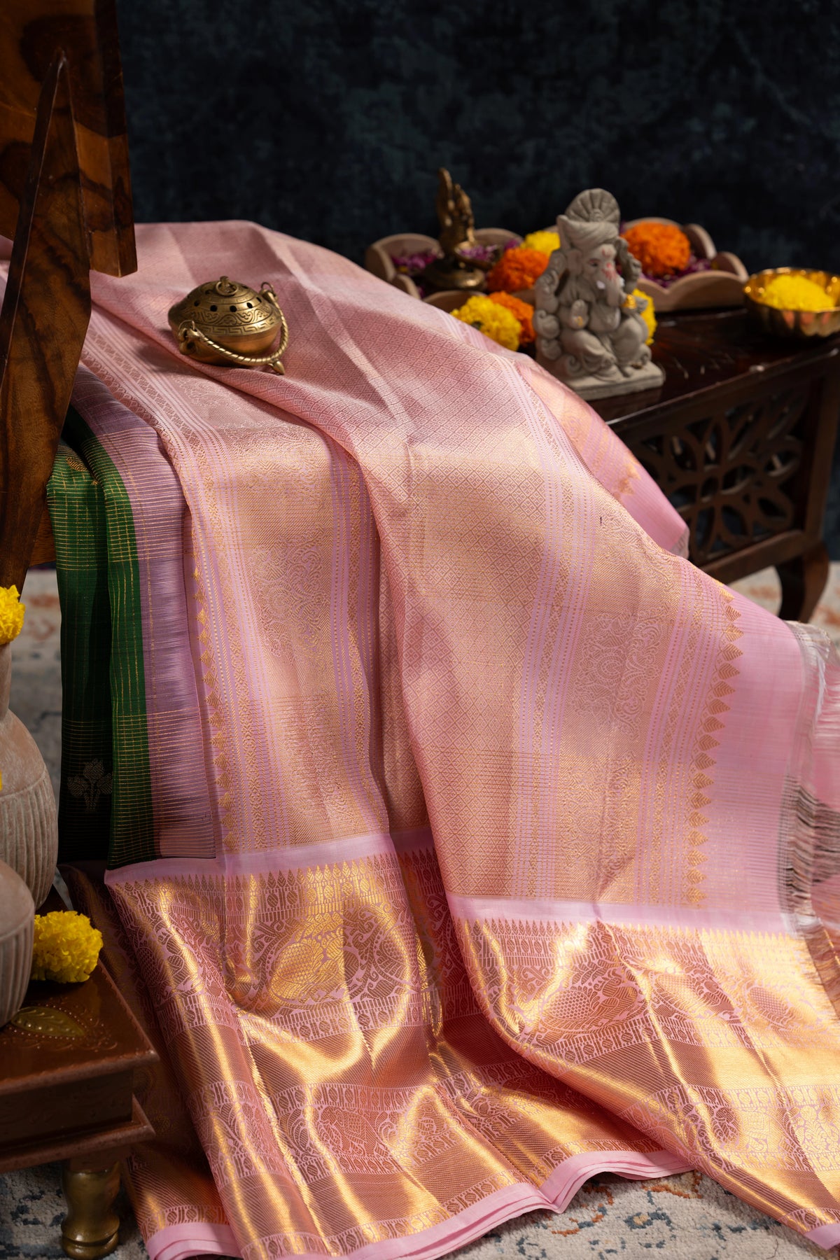 Classic Kanchipuram Silk Checks And Butta Bottle Green Saree