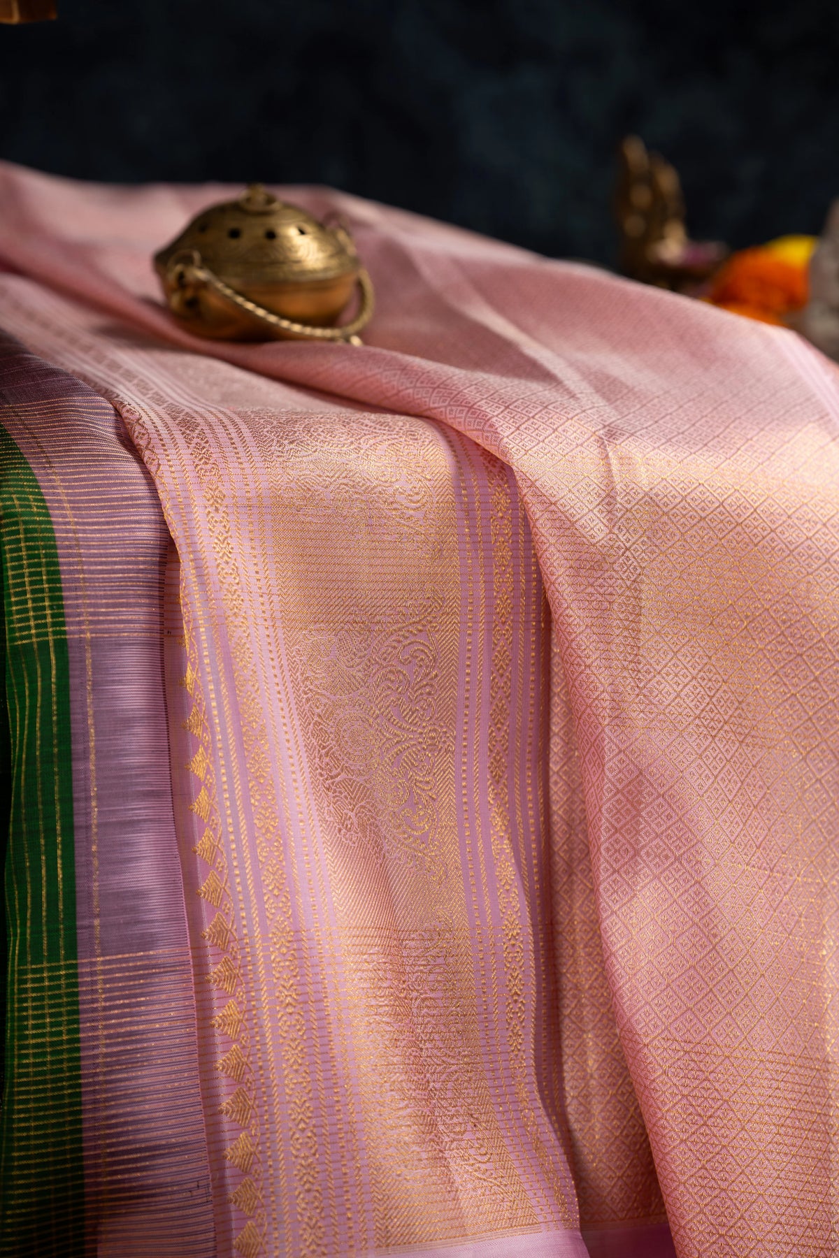 Classic Kanchipuram Silk Checks And Butta Bottle Green Saree
