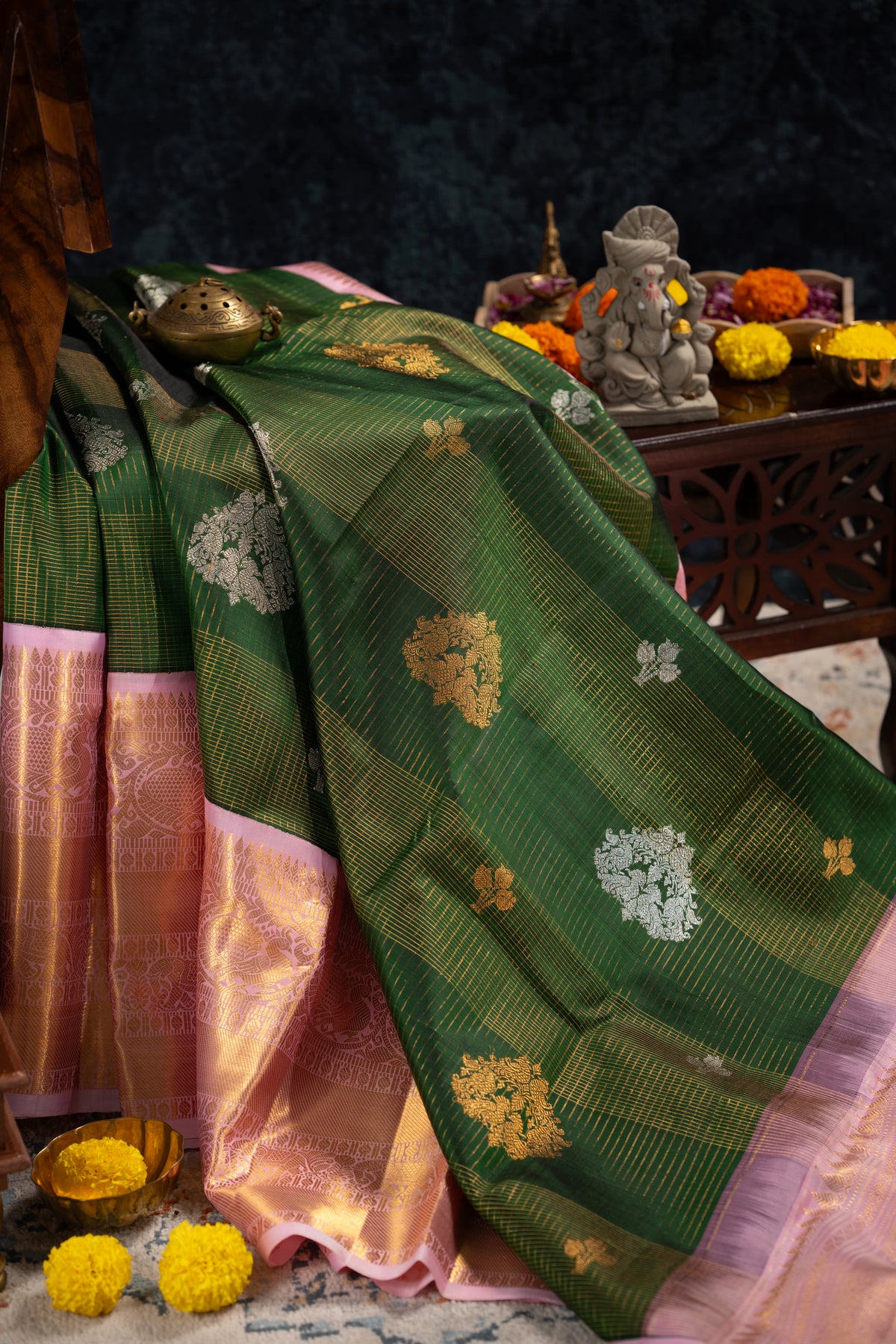 Classic Kanchipuram Silk Checks And Butta Bottle Green Saree