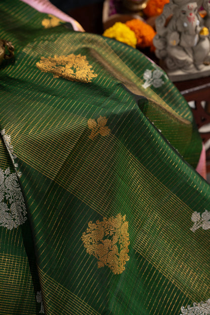 Classic Kanchipuram Silk Checks And Butta Bottle Green Saree