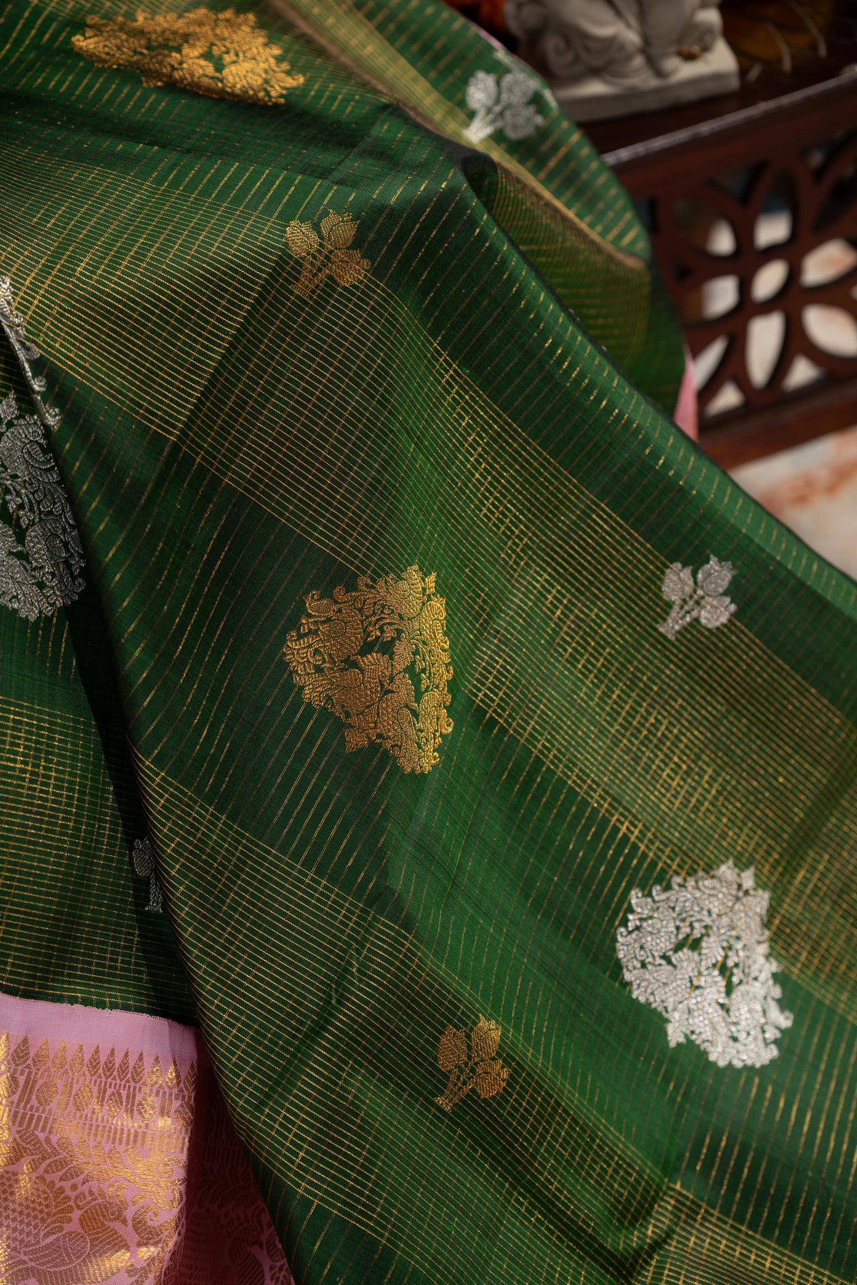 Classic Kanchipuram Silk Checks And Butta Bottle Green Saree