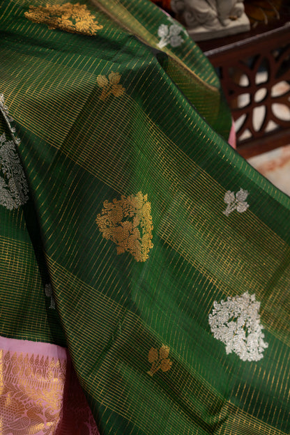 Classic Kanchipuram Silk Checks And Butta Bottle Green Saree