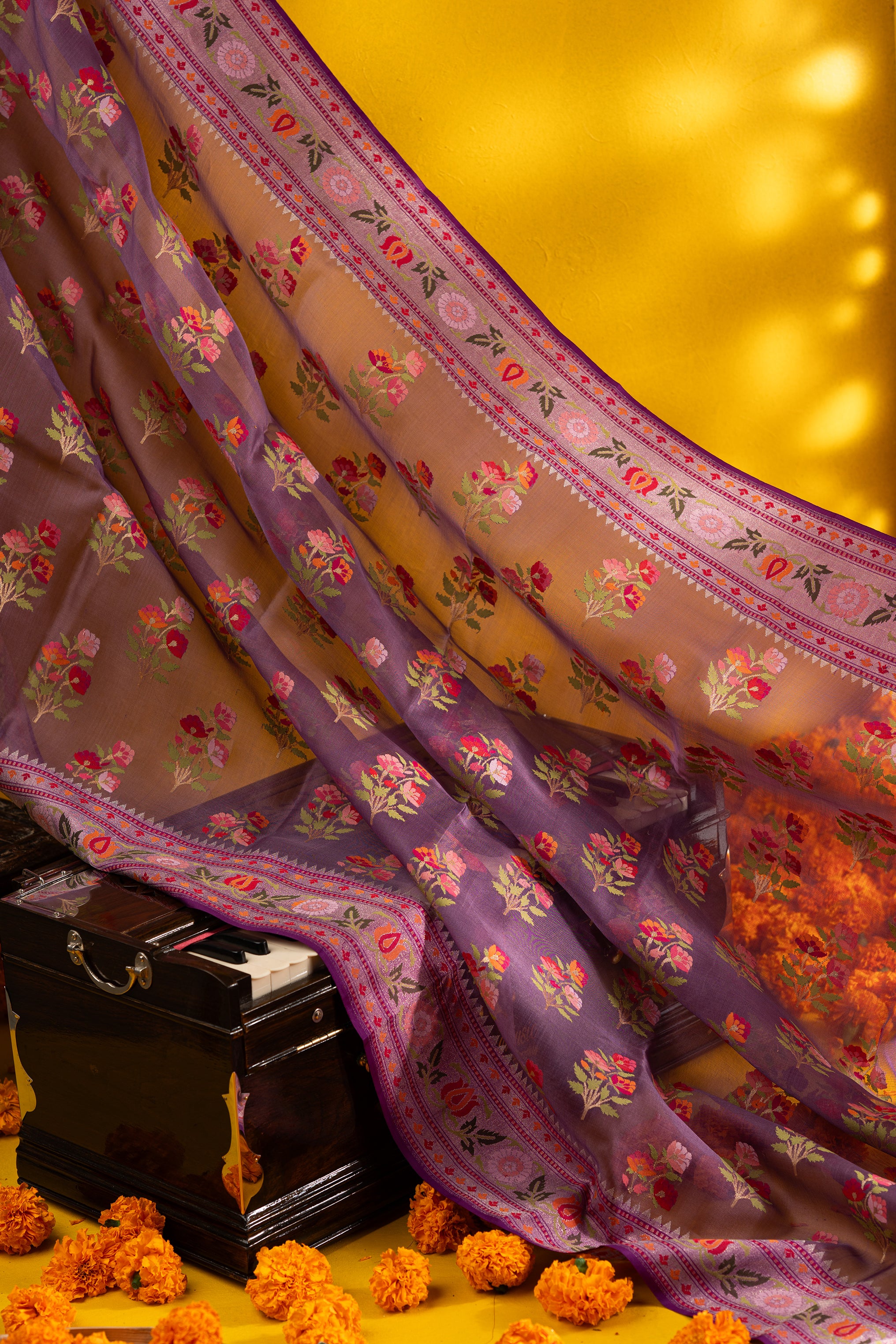 Banarasi Kora Organza Jamdani Butta Purple Saree