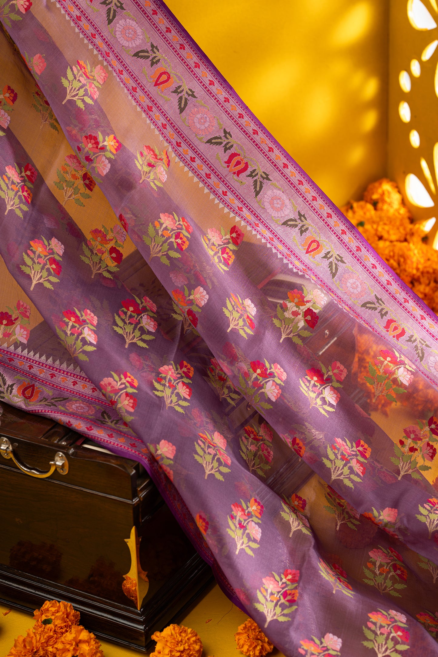 Banarasi Kora Organza Jamdani Butta Purple Saree