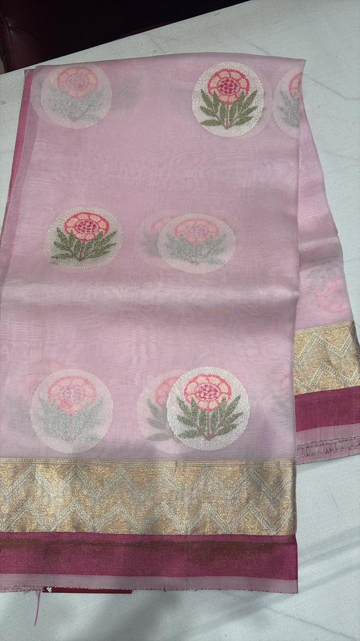 Banarasi Kora Organza Butta Pink Saree