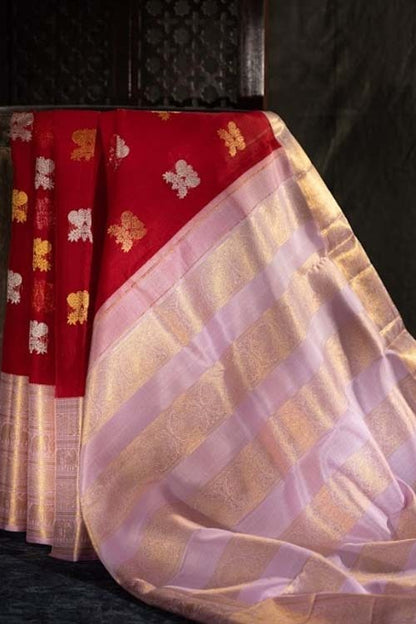 Kanchipuram Kora Organza Butta Red Saree