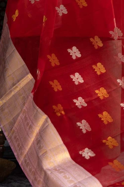 Kanchipuram Kora Organza Butta Red Saree