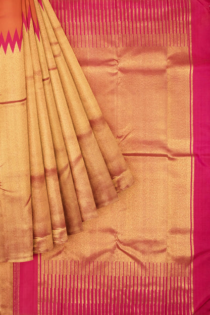 Kanchipuram Silk Plain Orange And Gold Saree