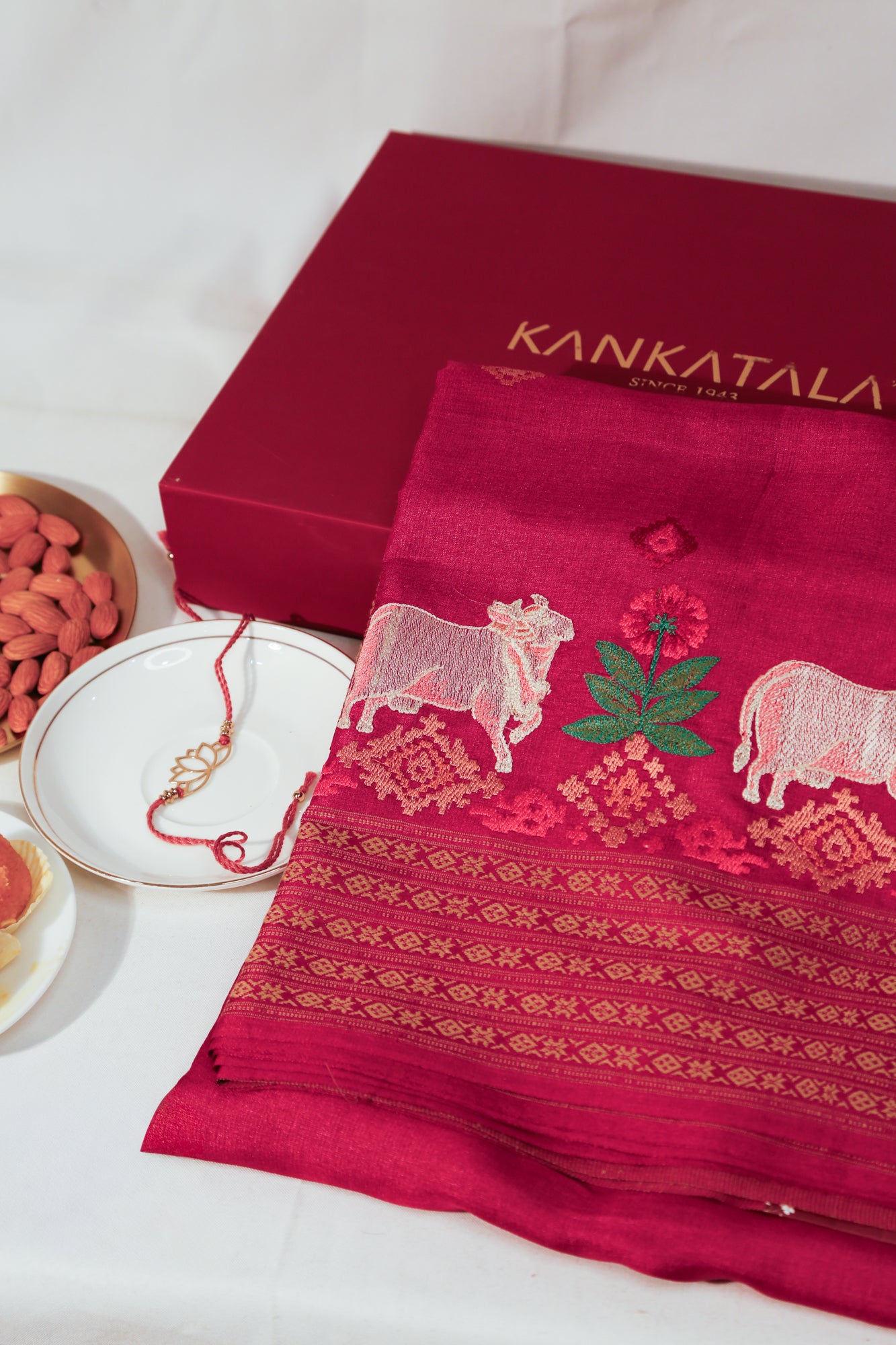 Soft Tussar Embroidery Butta Pink Saree With Pichwai With Gift Box And Rakhi