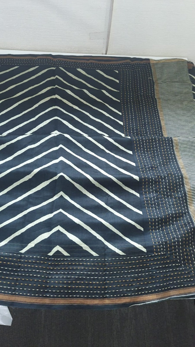 Chanderi Black Printed Zig Zag Lines Silk Saree