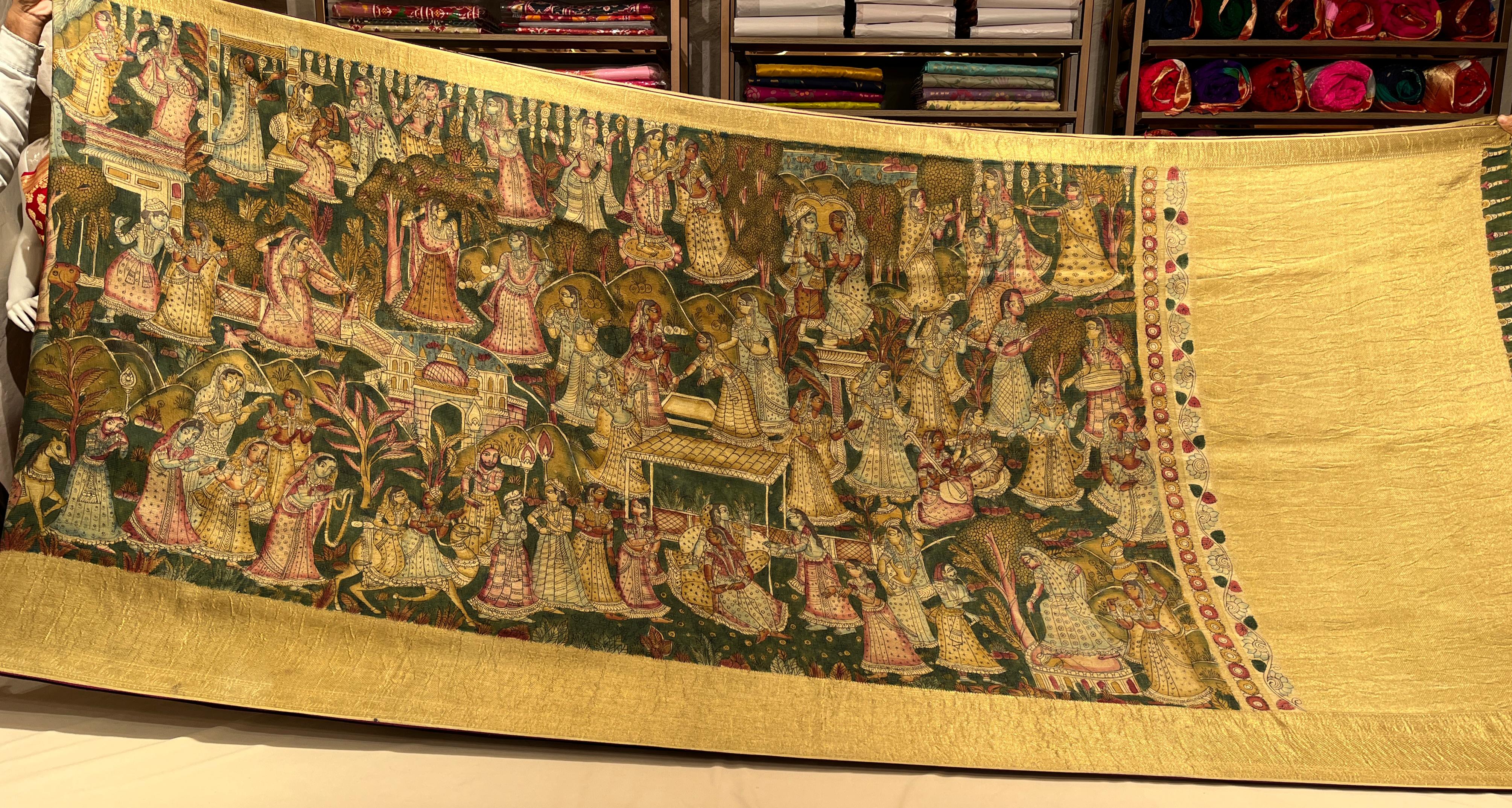 Kanchipuram Silk Handpainted Kalamkari Green Saree