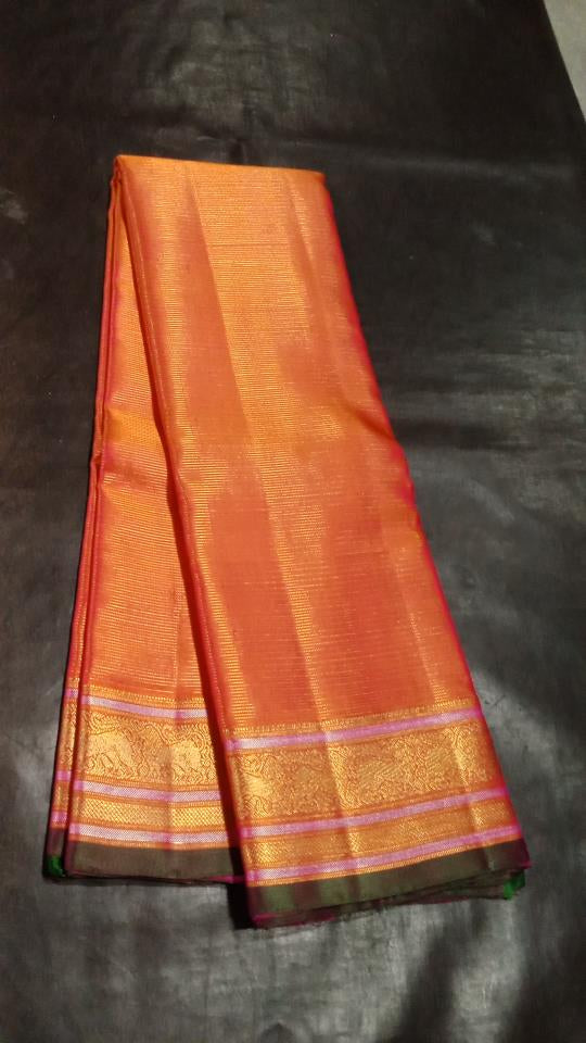 Kanchipuram Silk Oosi Lines Orange Saree