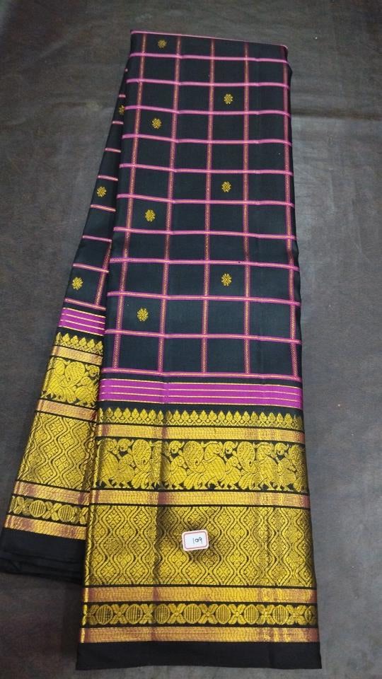 Classic Kanchipuram Silk Checks And Butta Midnight Blue Saree