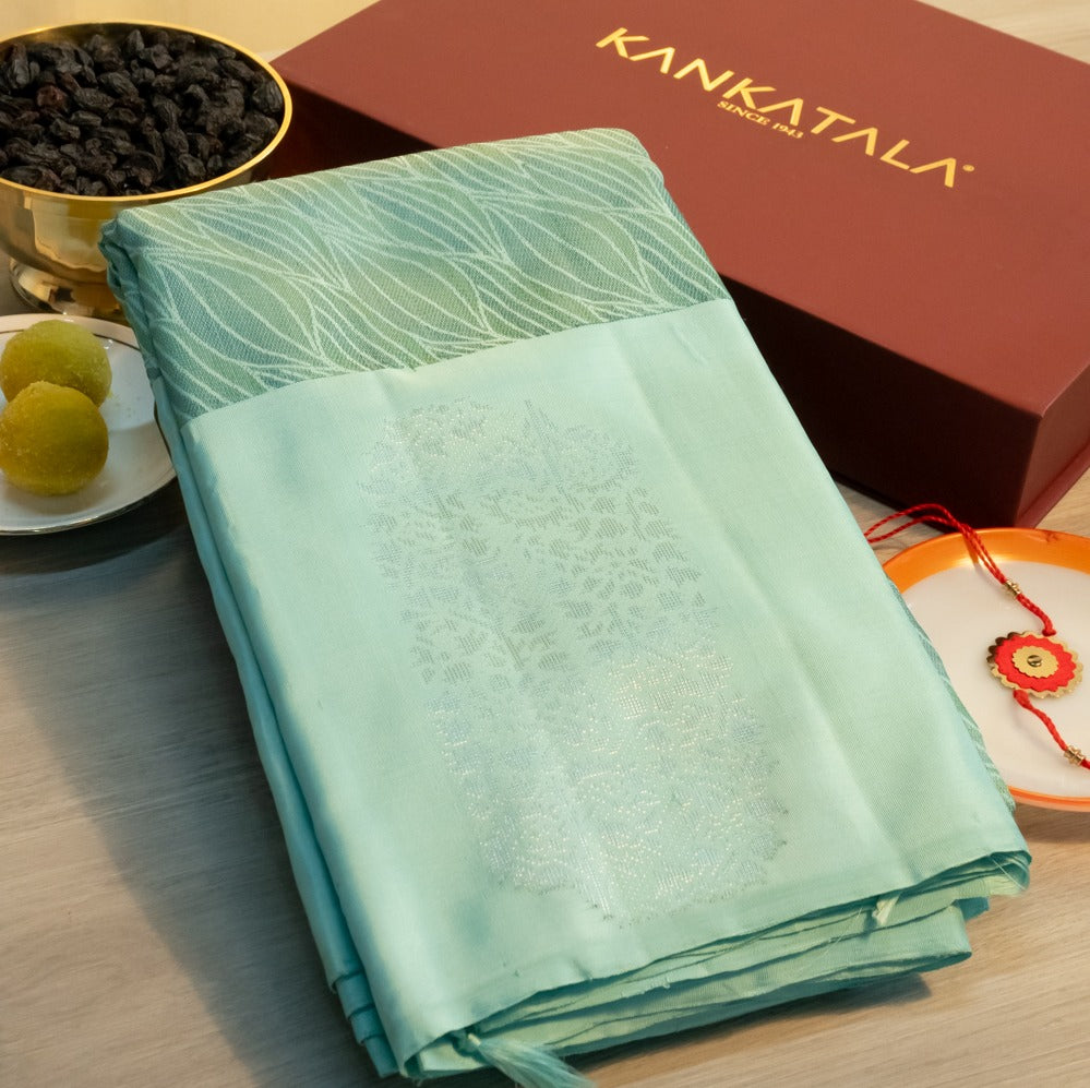 Kanchipuram Silk Geometrical Brocade Sage Green Saree With Gift Box And Rakhi