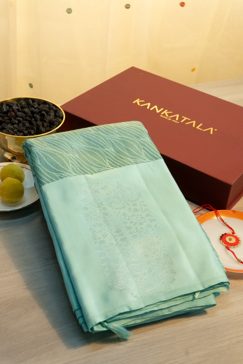 Kanchipuram Silk Geometrical Brocade Sage Green Saree With Gift Box And Rakhi