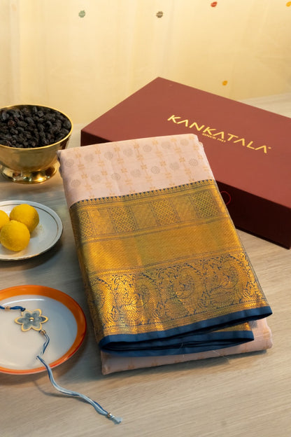 Kanchipuram Silk Tissue Checks And Butta Silver Saree With Gift Box And Rakhi