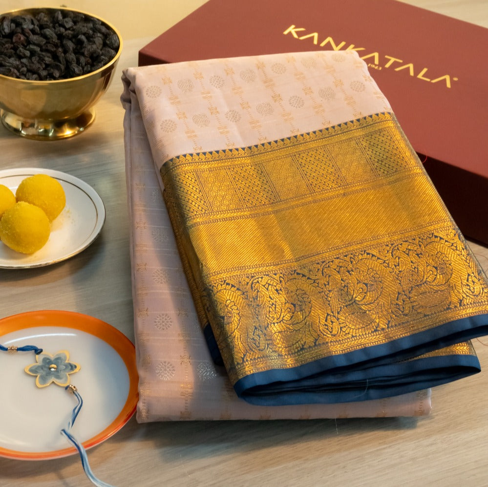 Kanchipuram Silk Tissue Checks And Butta Silver Saree With Gift Box And Rakhi