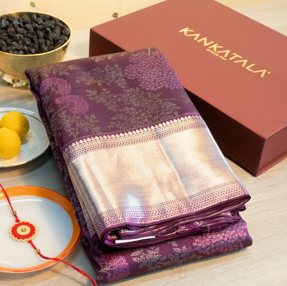 Kanchipuram Silk Brocade Purple Saree With Gift Box And Rakhi