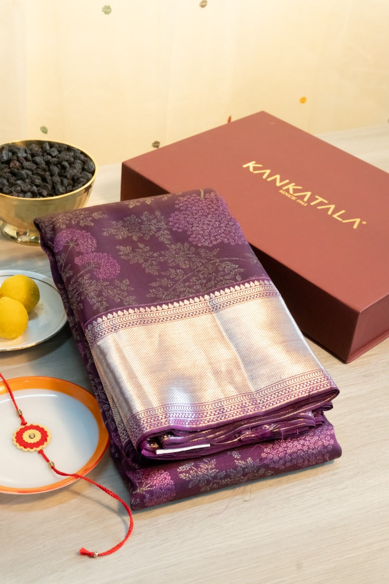 Kanchipuram Silk Brocade Purple Saree With Gift Box And Rakhi