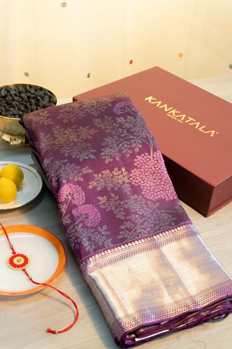 Kanchipuram Silk Brocade Purple Saree With Gift Box And Rakhi