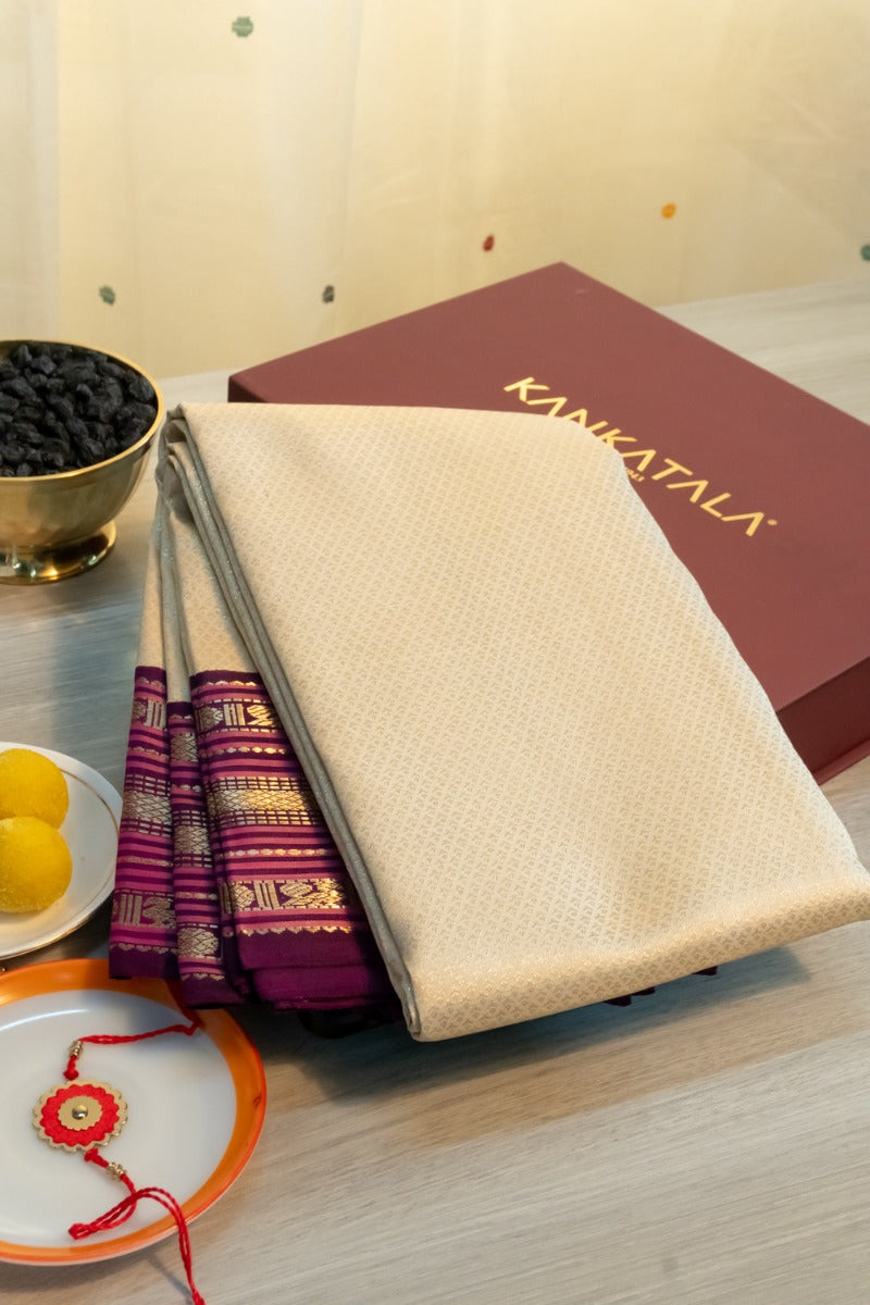 Kanchipuram Silk Brocade Cream Saree With Gift Box And Rakhi