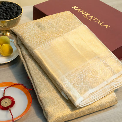 Kanchipuram Silk Tissue Brocade Off White Saree With Gift Box And Rakhi