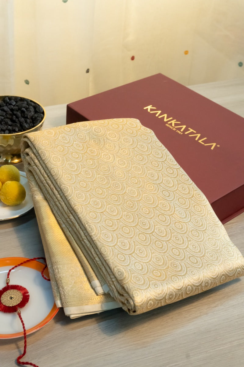 Kanchipuram Silk Tissue Brocade Off White Saree With Gift Box And Rakhi