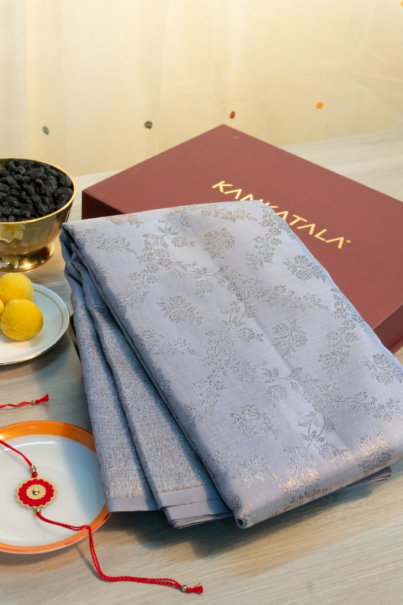 Kanchipuram Silk Antique Zari Jaal And Butta Powder Blue Saree With Gift Box And Rakhi