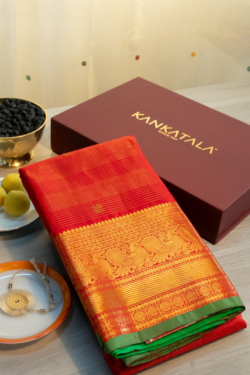 Kanchipuram Silk Checks And Butta Red Saree With Gift Box And Rakhi