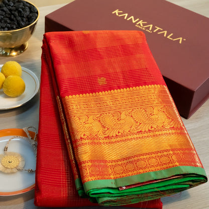 Kanchipuram Silk Checks And Butta Red Saree With Gift Box And Rakhi