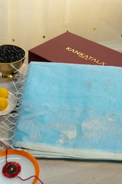 Organza Butta Sky Blue Saree With Gift Box And Rakhi