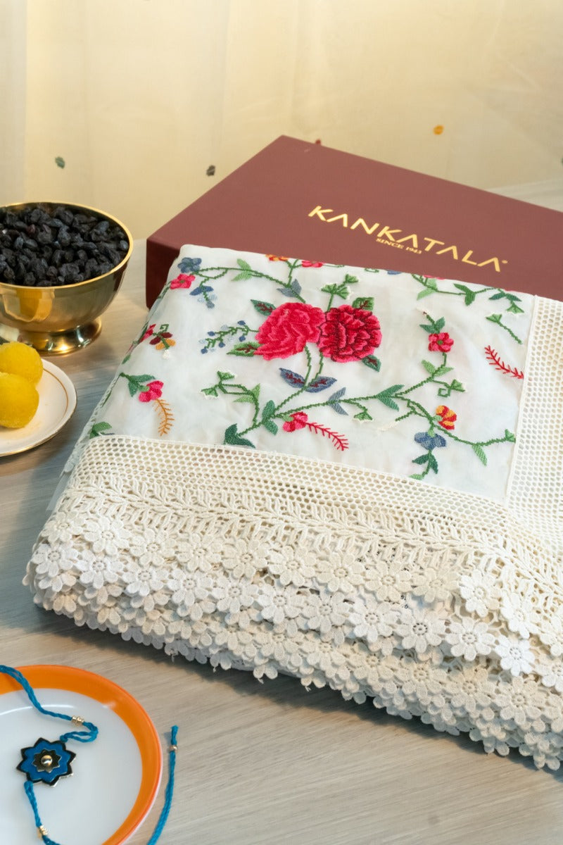 Banarasi Organza Embroidery White Saree With Cut Work Border With Gift Box And Rakhi