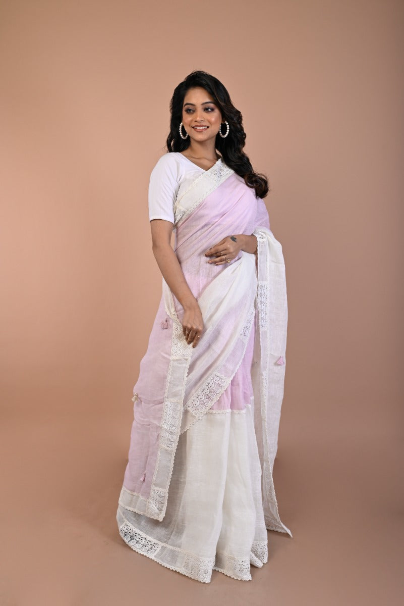 Linen Half-n-Half White And Baby Pink Saree